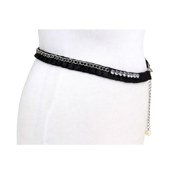 BLACK FABRIC RHINESTONE FAUX PEARL 3/4"Wd DRESS WOMEN BELT ADJUSTABLE Size (E98 - Picture 4 of 12